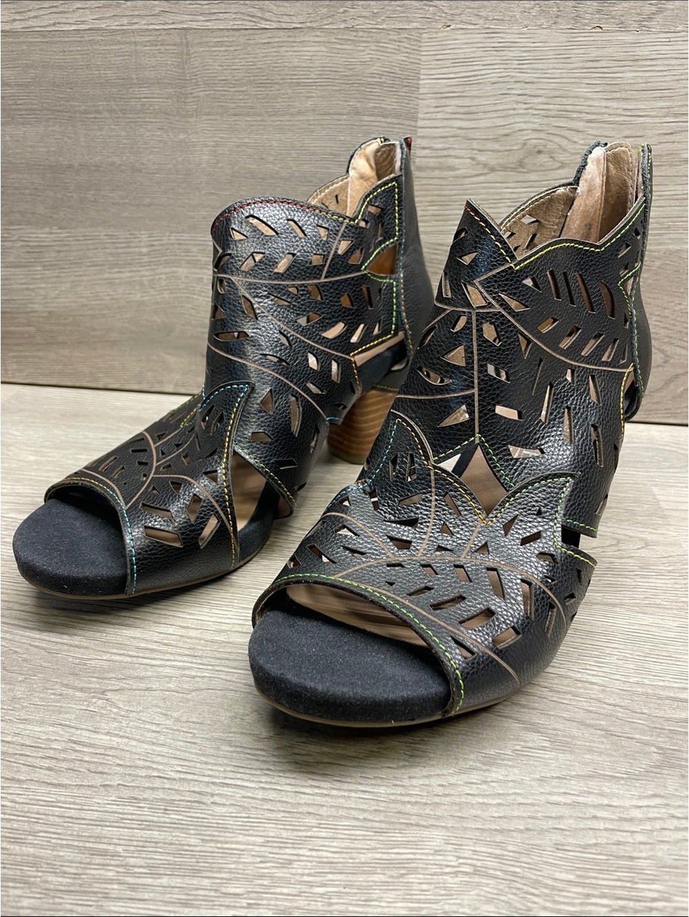 Spring Step Black Laser-Cut Leaf Ankle Heels #1350